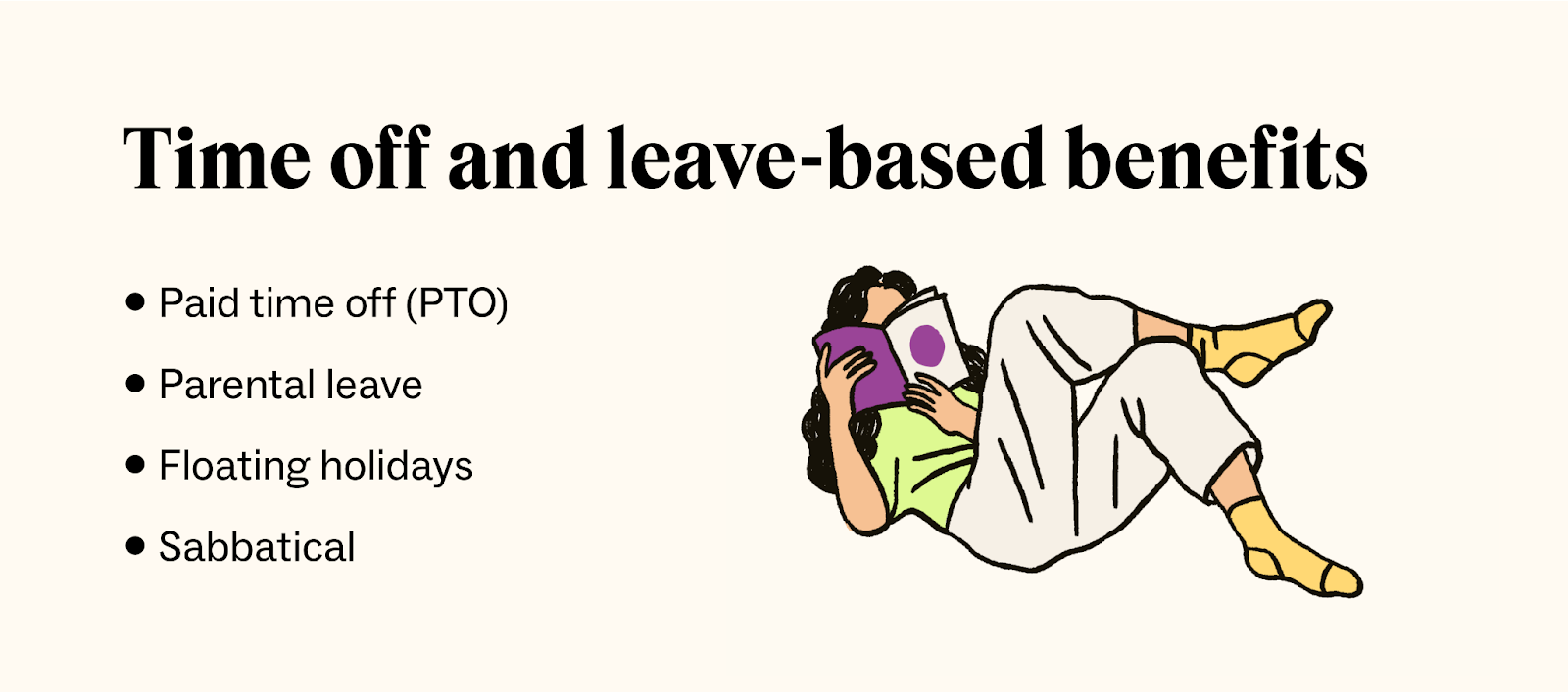An illustration of someone reading a book is next to a list of time off fringe benefits.
