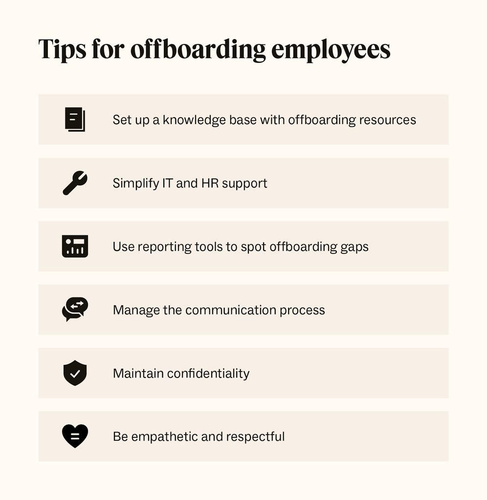 Six icons represent tips for offboarding employees.