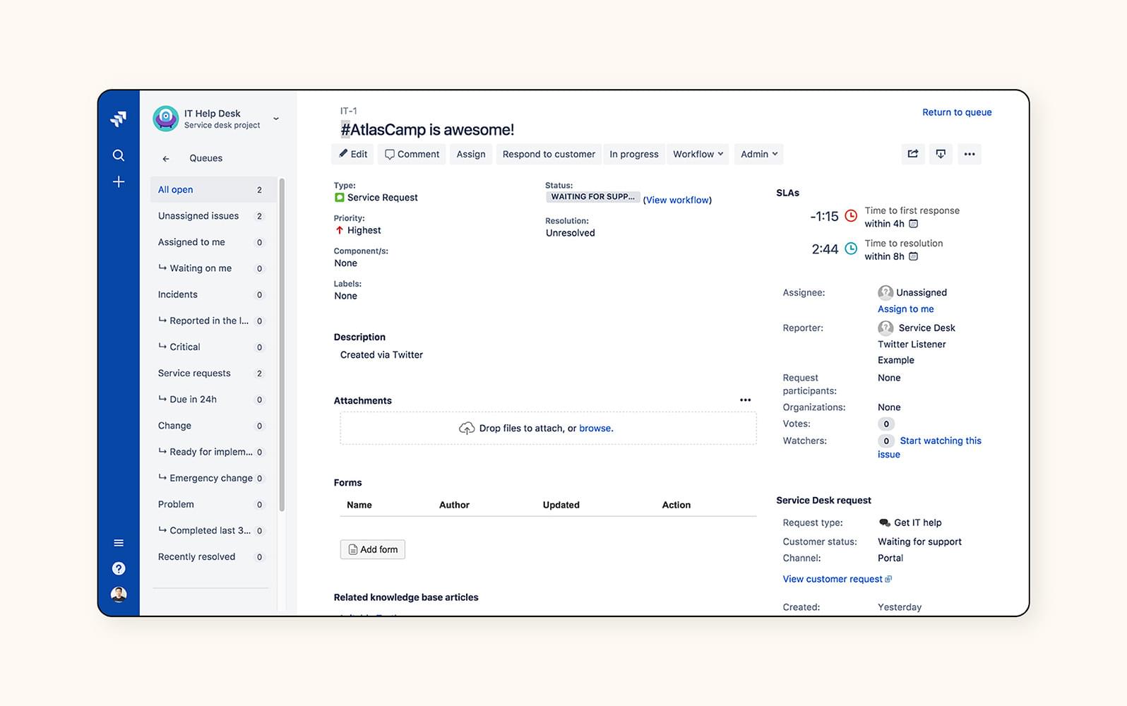 The service center in the Jira Service Management trouble ticketing software.