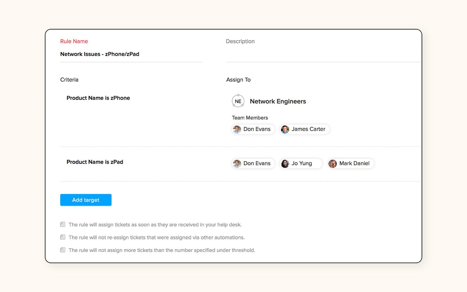 The Zoho Desk ticket assignment feature.