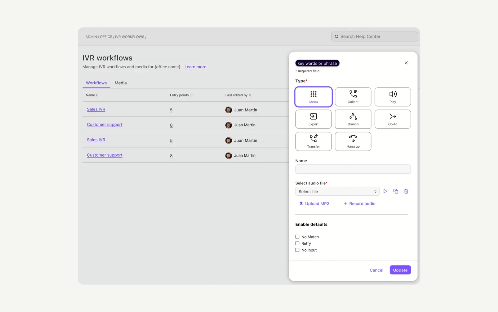 IVR workflow management interface showing options to edit audio files and settings in Dialpad.