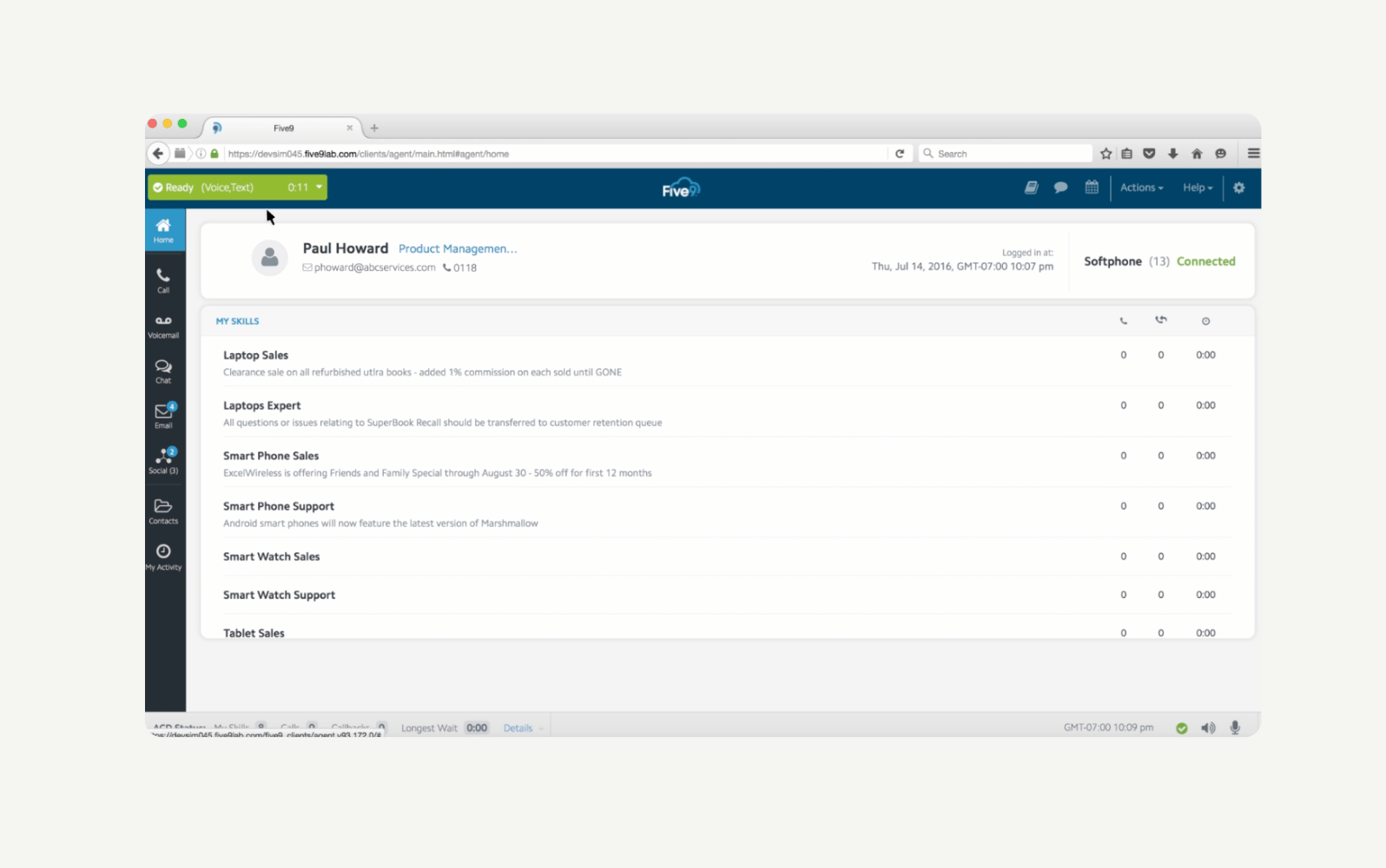 Five9 user interface showing Paul Howard's profile and skills related to tech sales.