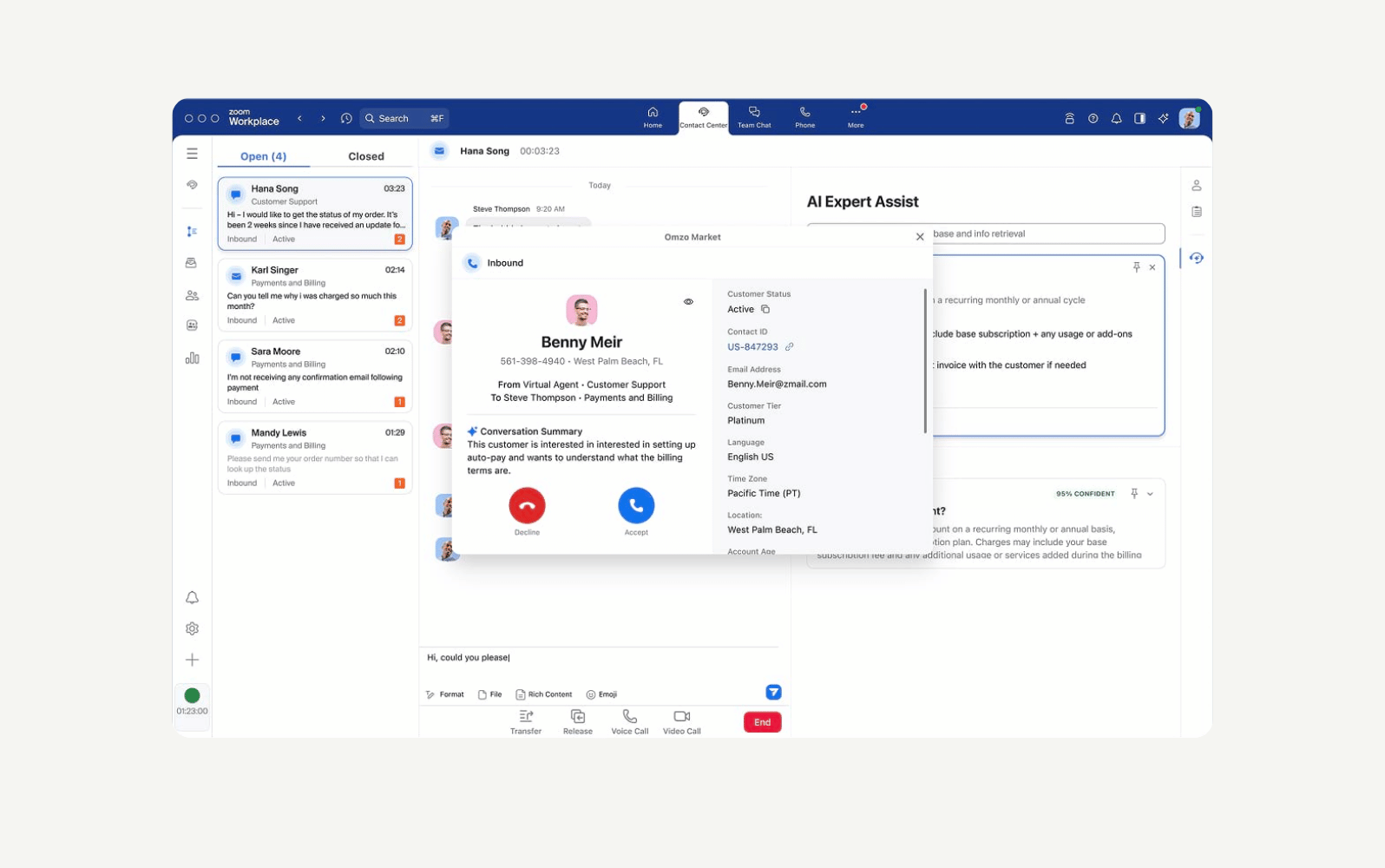 Zoom Workplace interface displaying active customer support chats and a call summary.