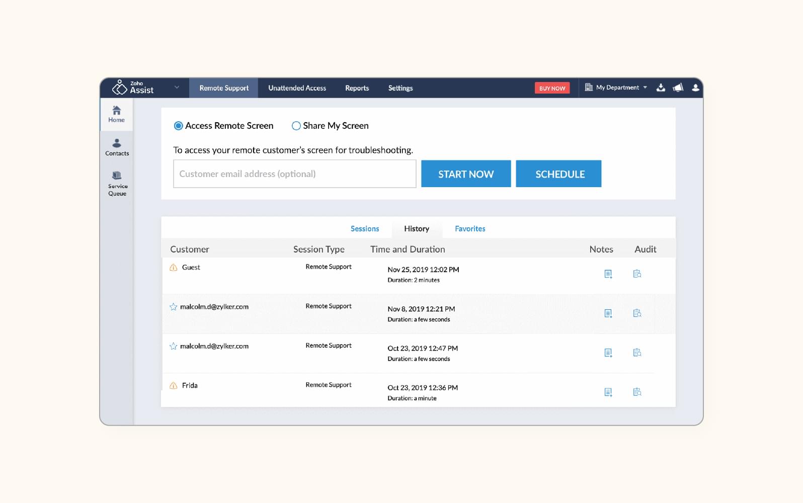 A screenshot showcases an agent’s session history on Zoho Assist, a remote support software.