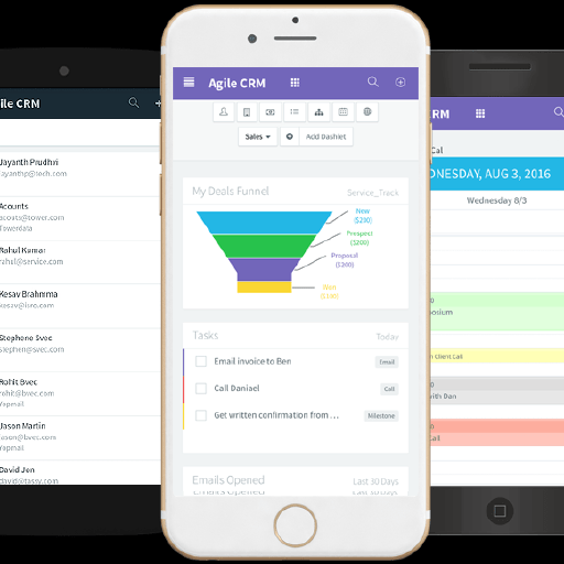 Agile CRM mobile app interface displayed on smartphone screens.