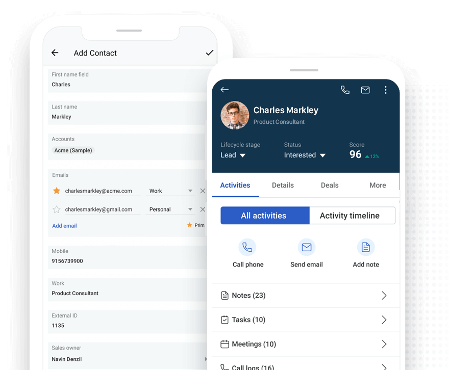 CRM app showing customer contact information on mobile device.