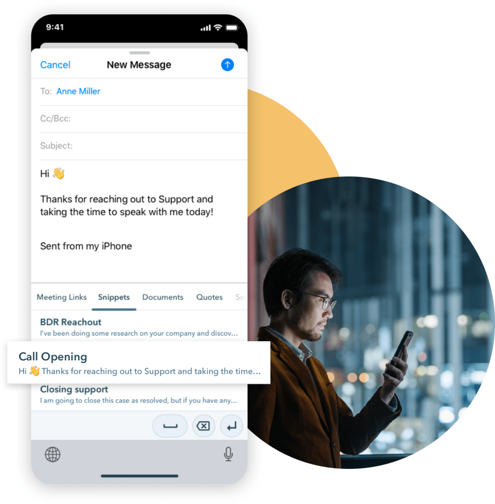 CRM app shows a new conversation between a support rep and a customer.