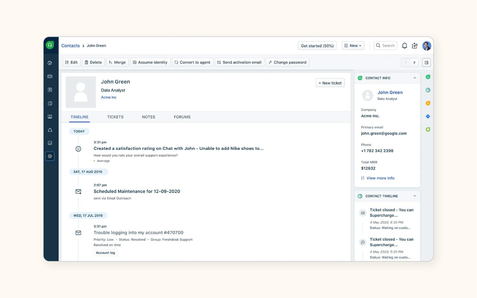 A contact page in Freshdesk, an automated ticketing software.
