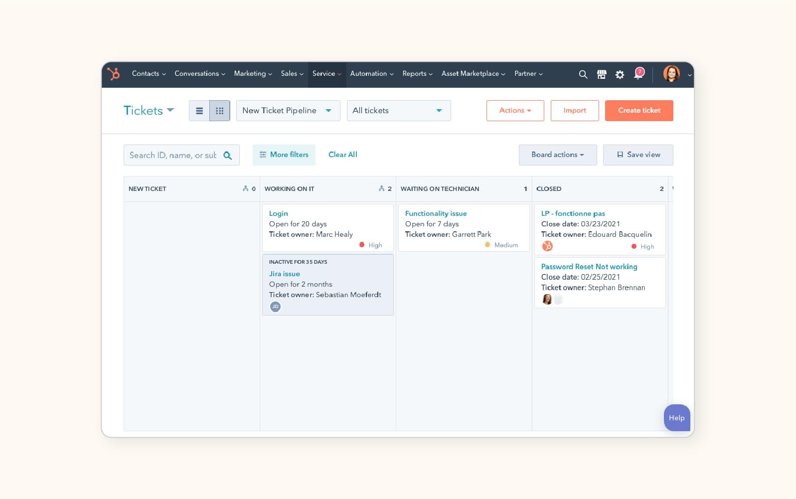 A ticket dashboard in HubSpot Ticketing System, an automated ticketing software.