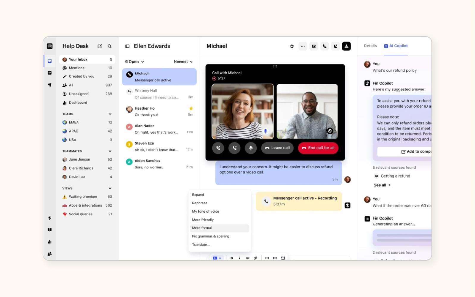 A help desk in Intercom, an automated ticketing software.