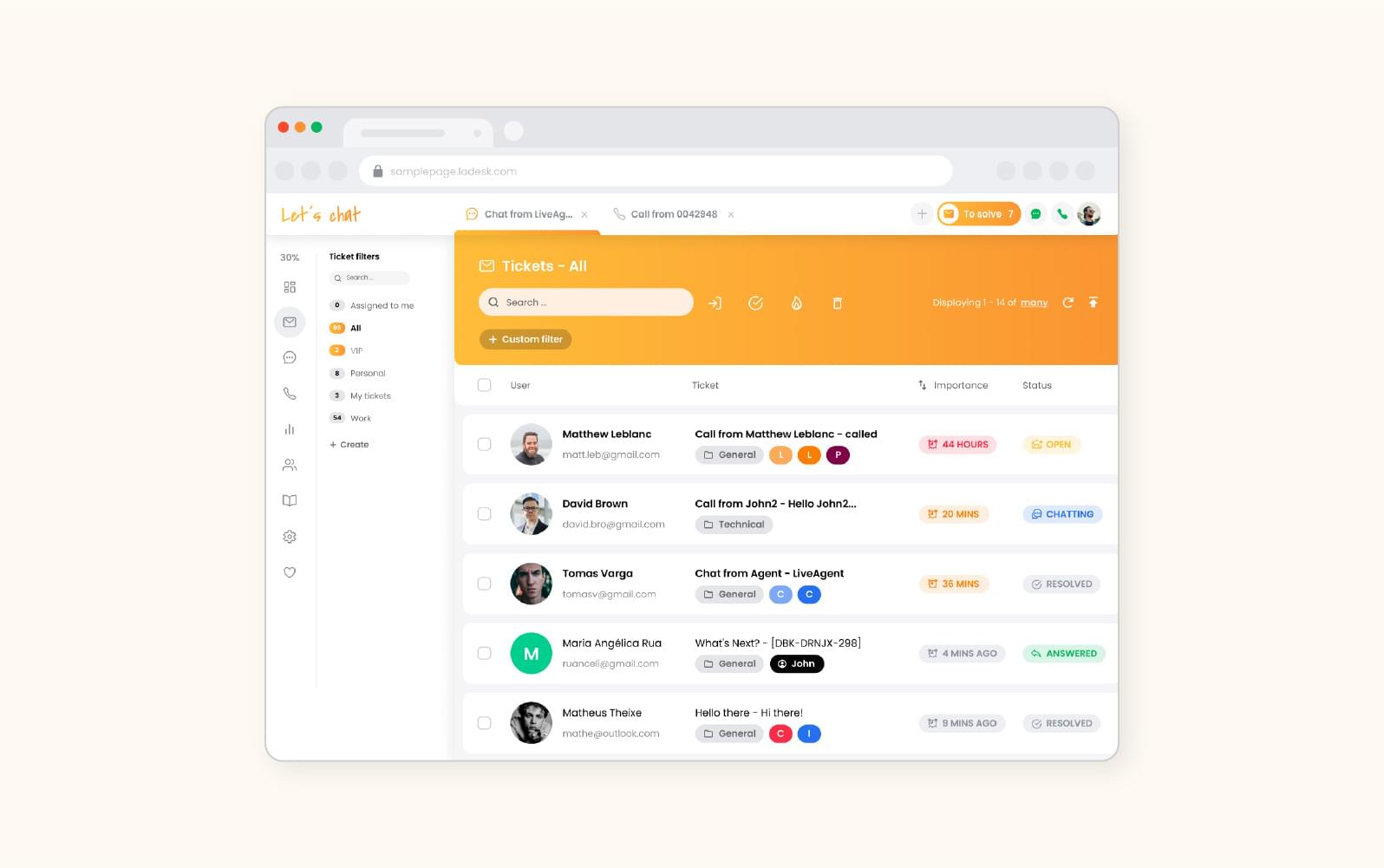 A ticket dashboard in LiveAgent, an automated ticketing software.