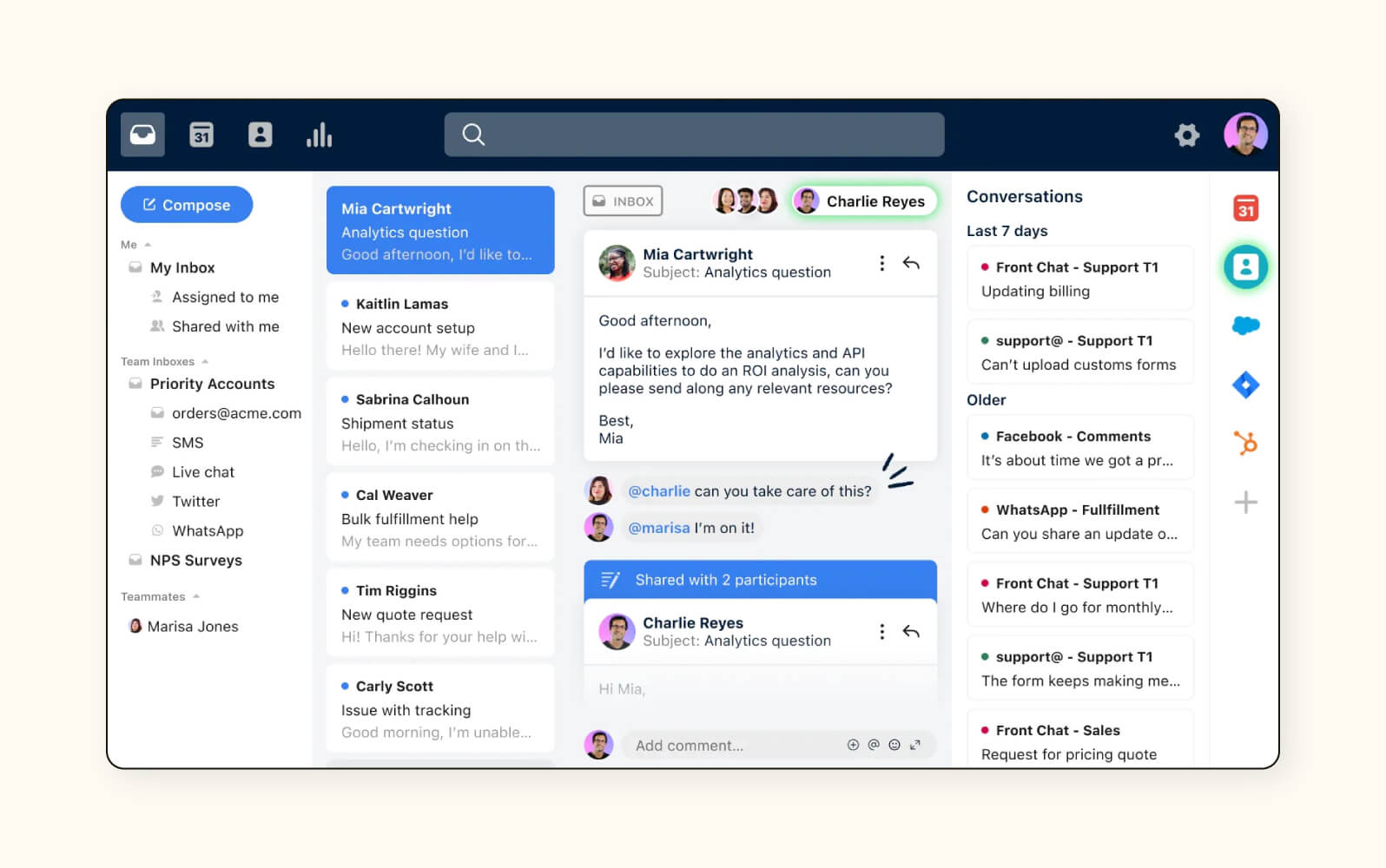 A product image of Front social media customer service software.