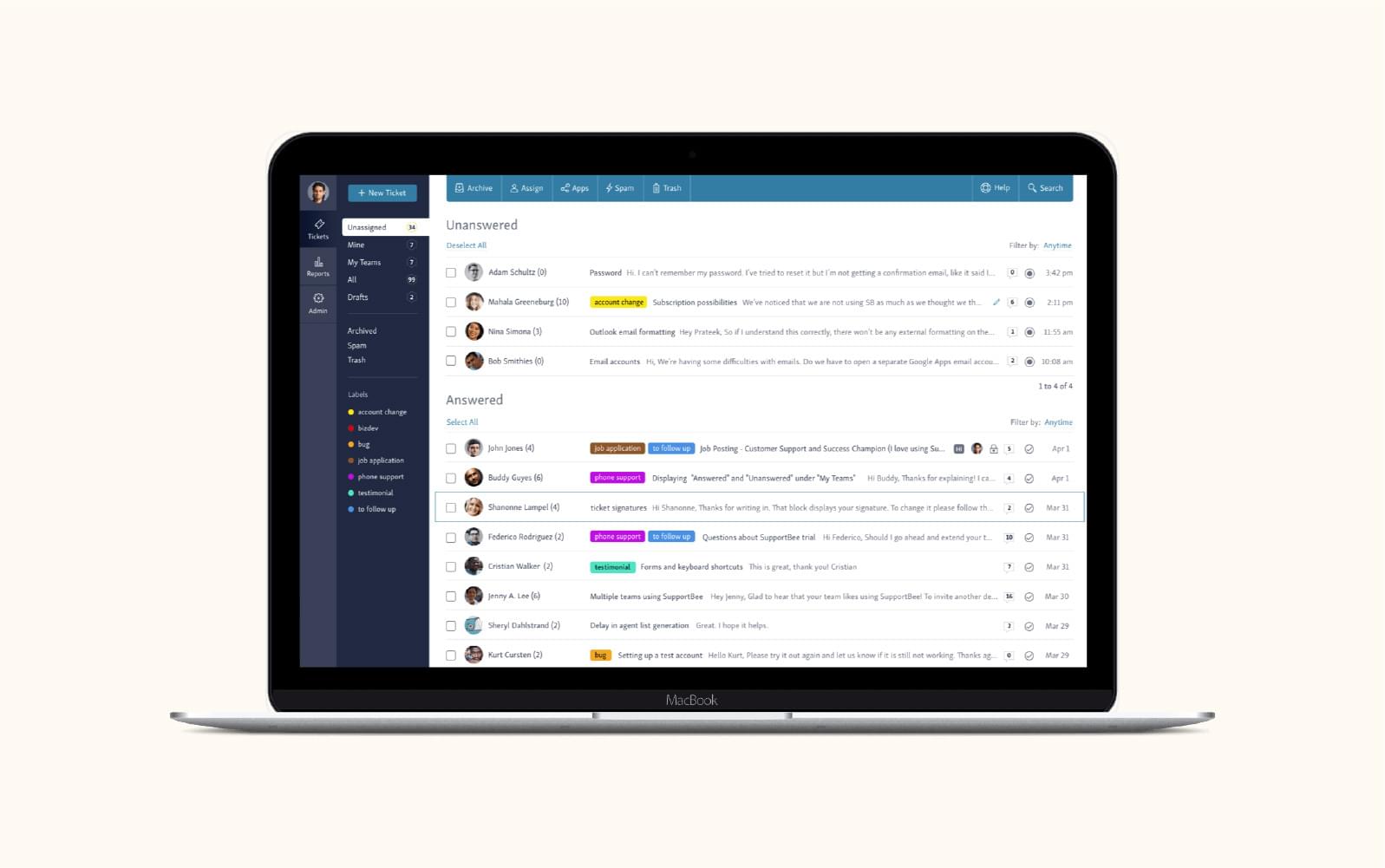 A ticket dashboard in SupportBee, an automated ticketing software.