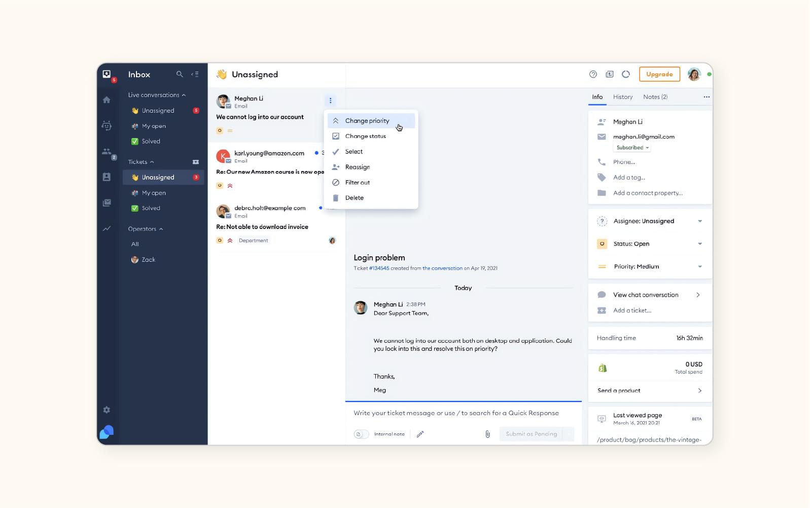 A customer inbox in Tidio, an automated ticketing software.