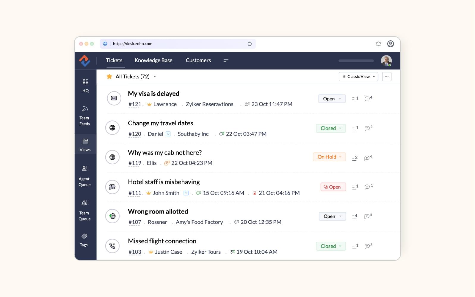 A ticket dashboard in Zoho Desk, an automated ticketing software.