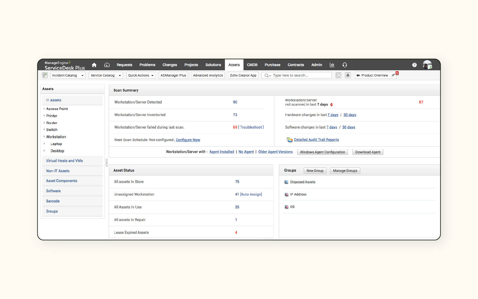 An assets tab in ManageEngine, an automated help desk software