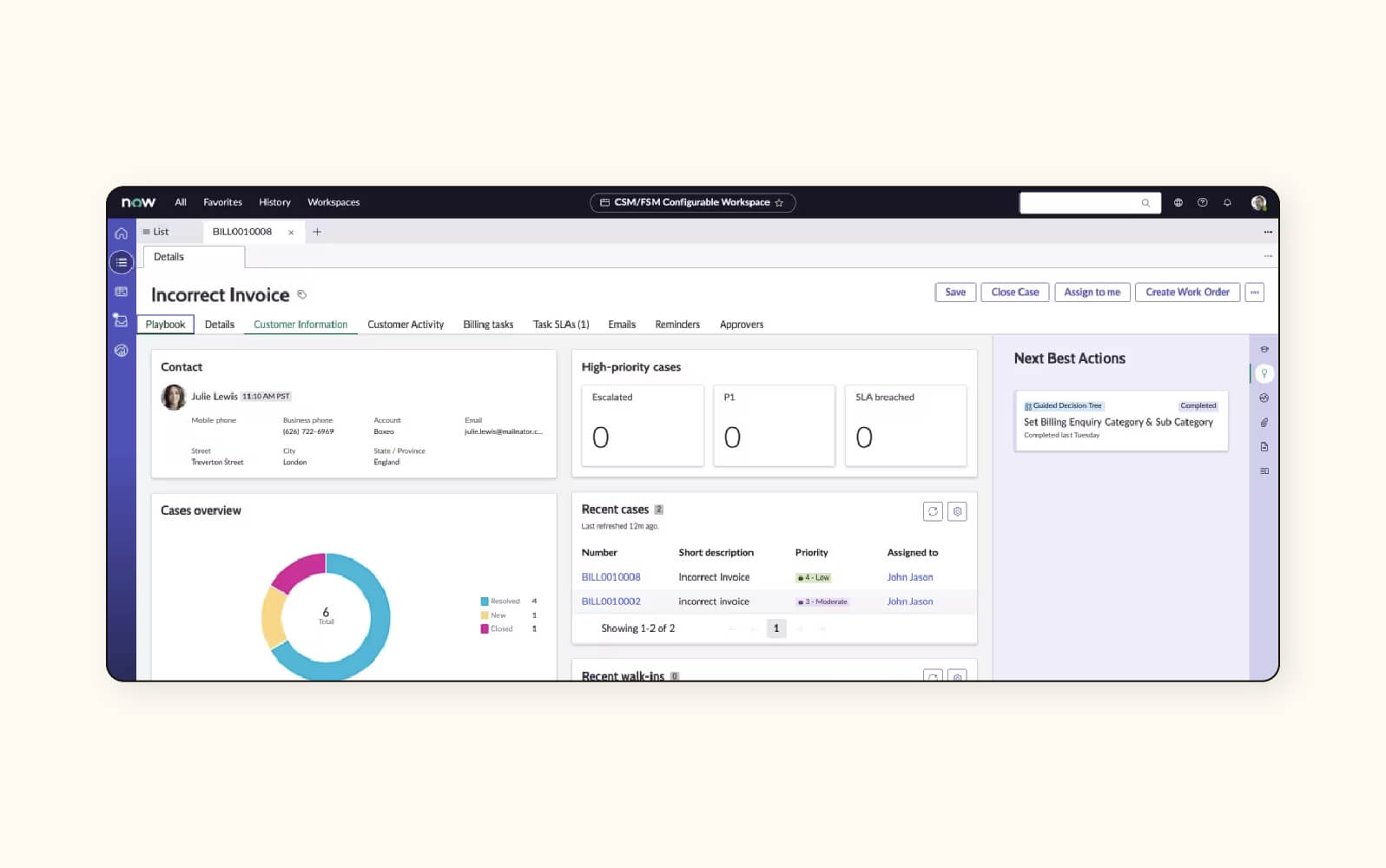 A customer conversation in ServiceNow, an automated help desk software