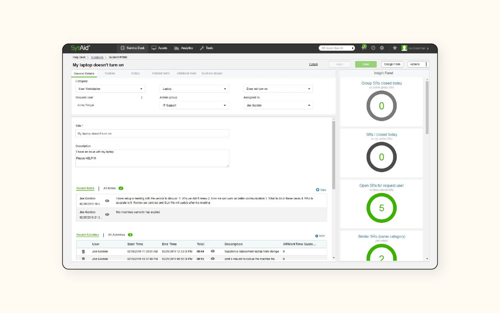 A customer conversation in SysAid, an automated help desk software